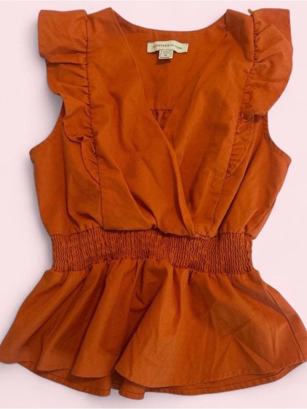 Monteau Orange Ruffle Sleeve Smocked Waist Peplum Top